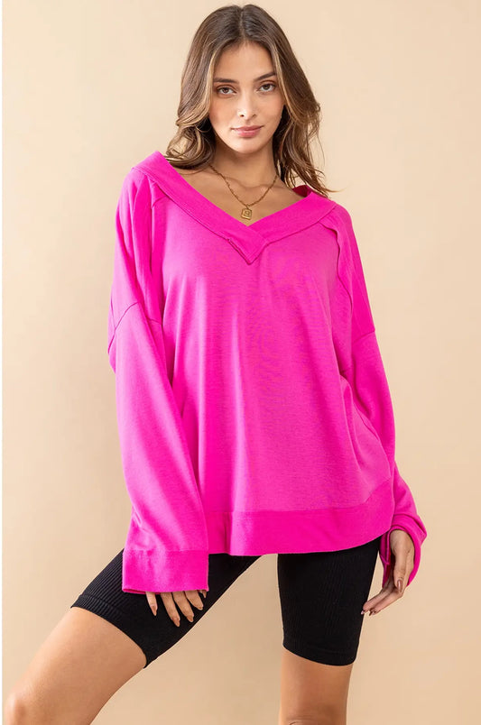 hot pink v-neck sweatshirt