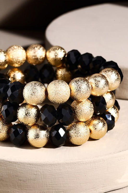 Glass and Metal Bead Bracelets in Black and Gold