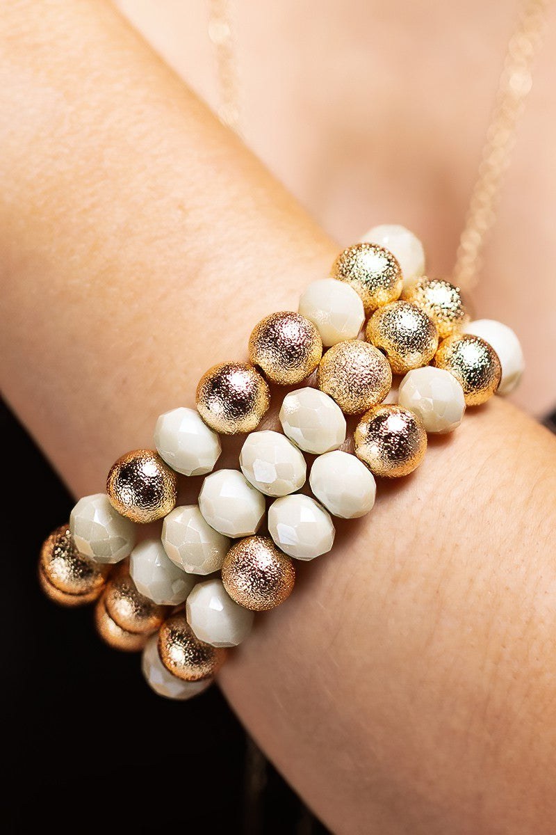 Glass and Metal Bead Bracelets in Ivory and Gold